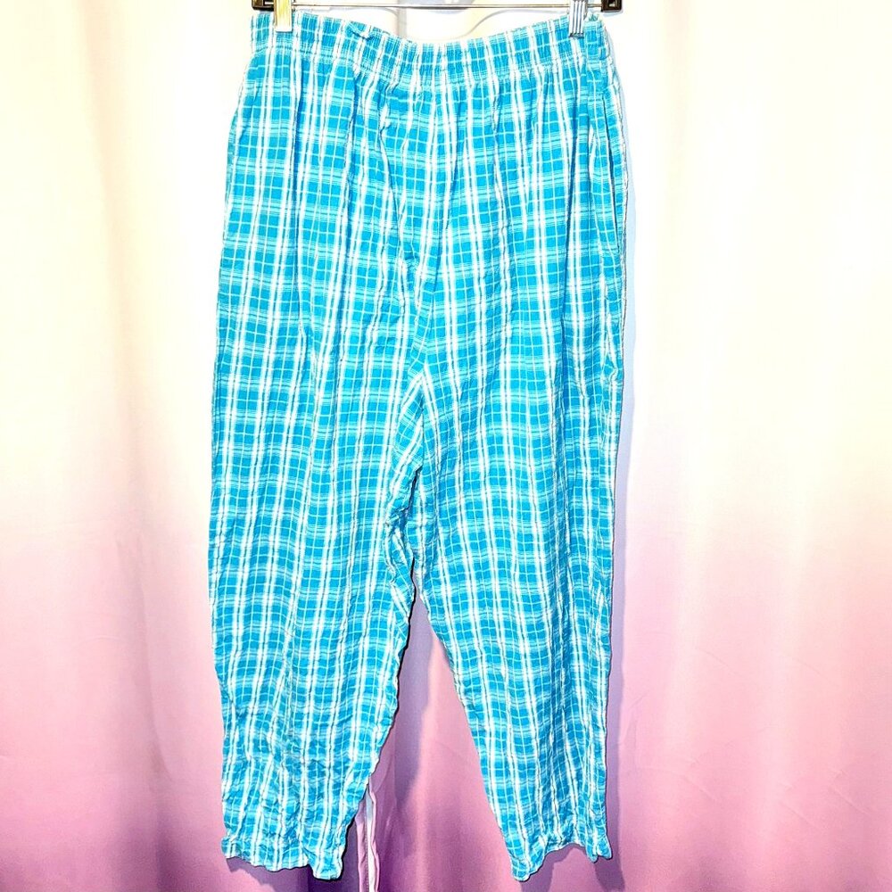 Vintage Only Necessities Blue and White Plaid Elastic Waist Linen Pants Size 10